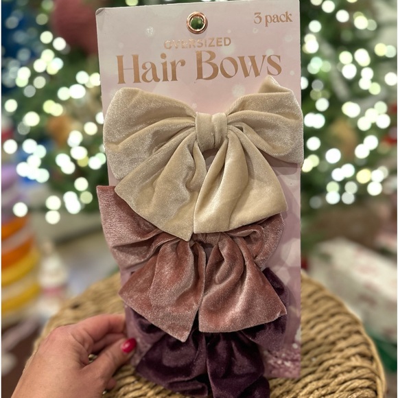 Oversized velour hair clip bow 3 pack pink mauve beige barrette - Picture 2 of 7